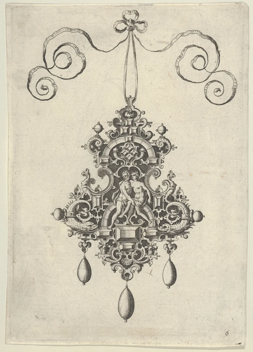 Pendant Design with a Couple at Center by Jan Collaert, print, 1581-1636