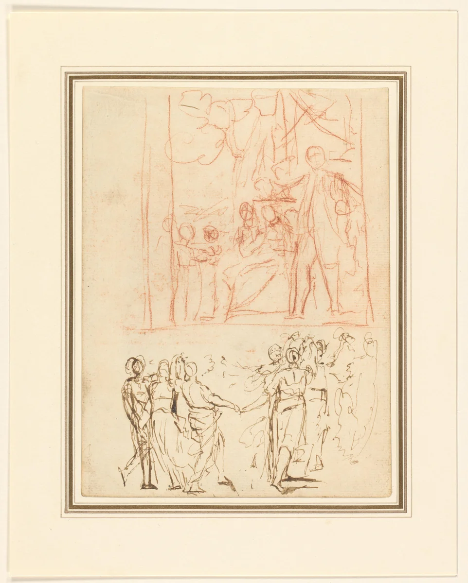 Een familie en figuren tijdens een rondedans by George Romney, drawing, 1744-1767