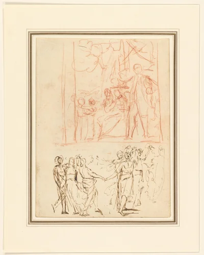 Een familie en figuren tijdens een rondedans by George Romney, drawing, 1744-1767
