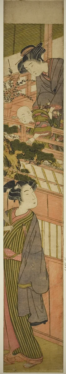 Women Holding Boy who is Reaching Out to Young Man Below by Kitao Shigemasa (北尾重政), print, 1771-1781