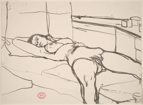 Untitled [female nude reclining in studio] by Richard Diebenkorn, drawing, 1955-1967