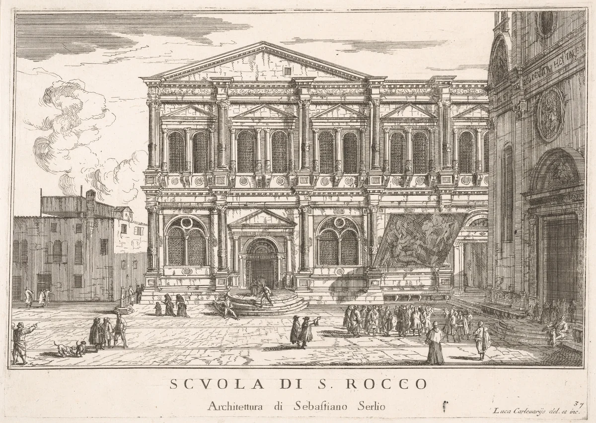 Plate 37: Side view of the school of St. Roch at left and view of facade of the church of St. Roch, Venice, from "The buildings and views of Venice" (Le fabriche e vedute di Venezia) by Luca Carlevaris, print, 1703