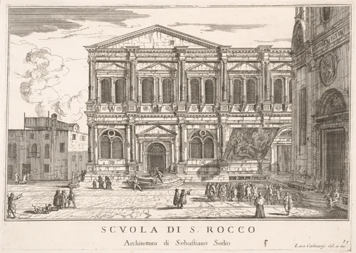 Plate 37: Side view of the school of St. Roch at left and view of facade of the church of St. Roch, Venice, from "The buildings and views of Venice" (Le fabriche e vedute di Venezia) by Luca Carlevaris, print, 1703
