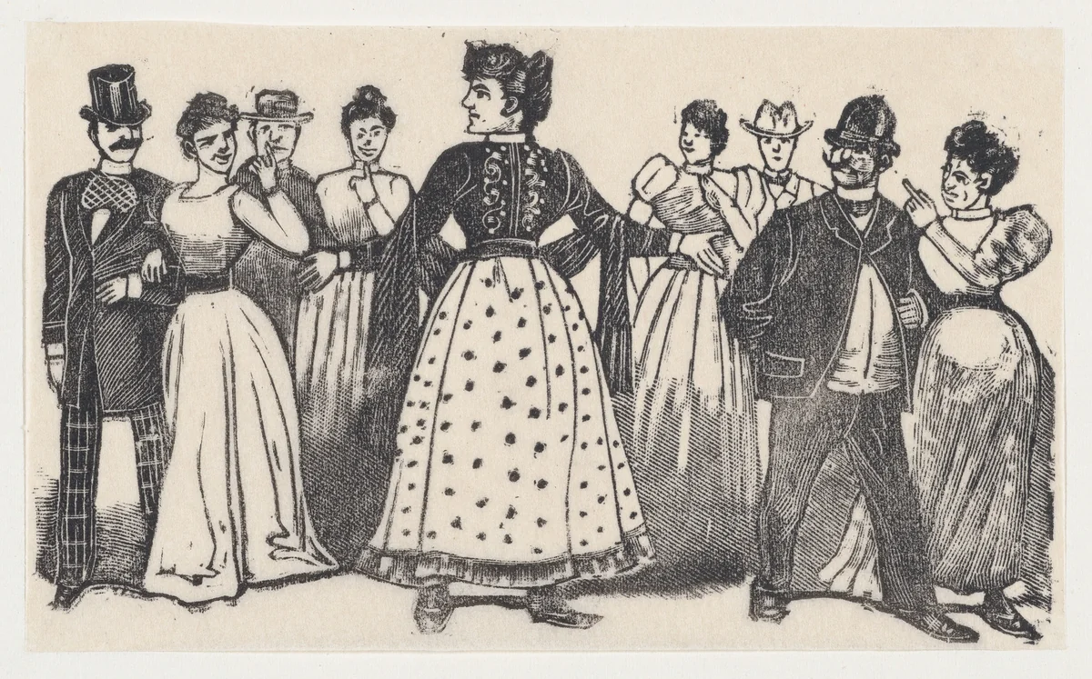 A woman with her ams open surrounded by figures in elegant dress by José Guadalupe Posada, print, 1875-1885