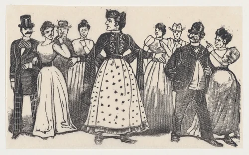 A woman with her ams open surrounded by figures in elegant dress by José Guadalupe Posada, print, 1875-1885