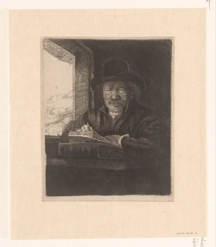 Self-portrait etching at a window by anonymous, print, 1648