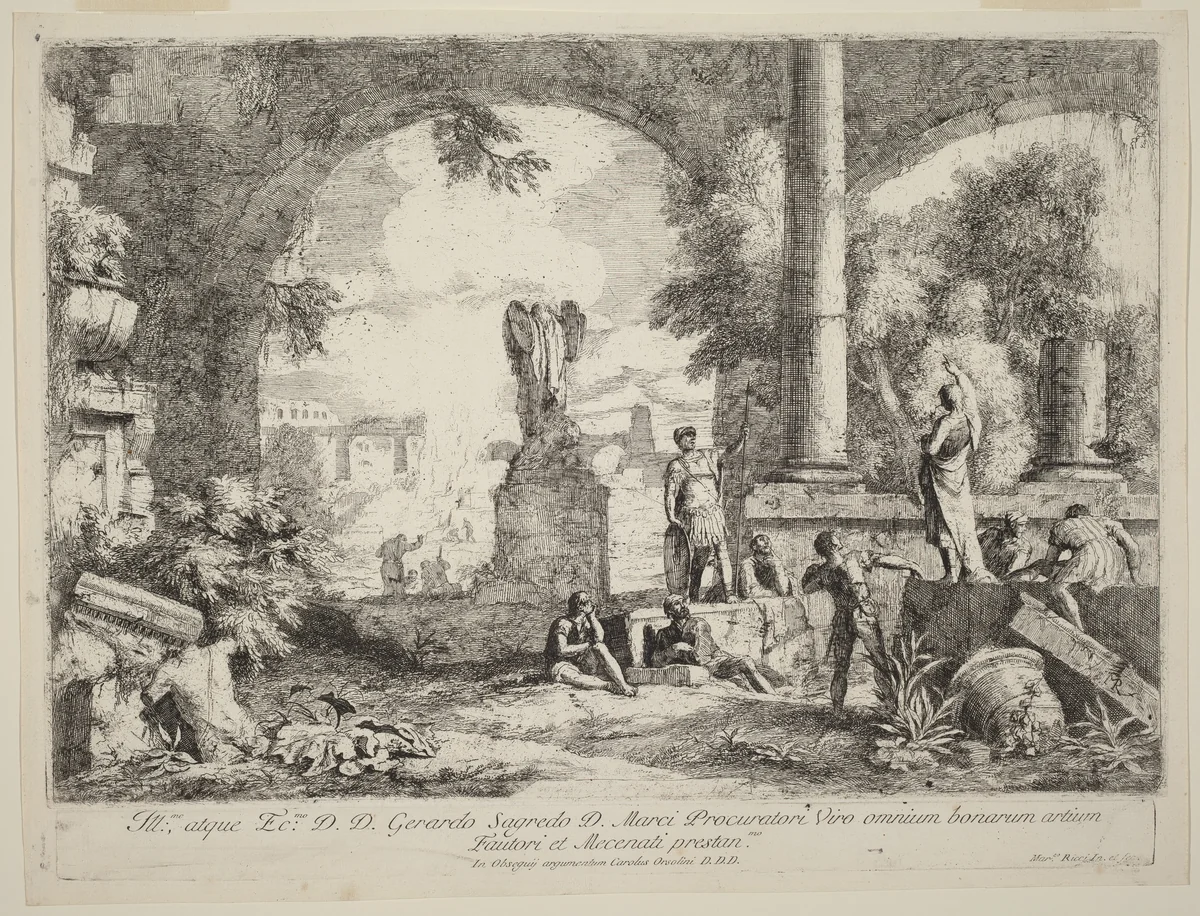 Landscape with Classical Ruins by Marco Ricci, print, 1720-1730