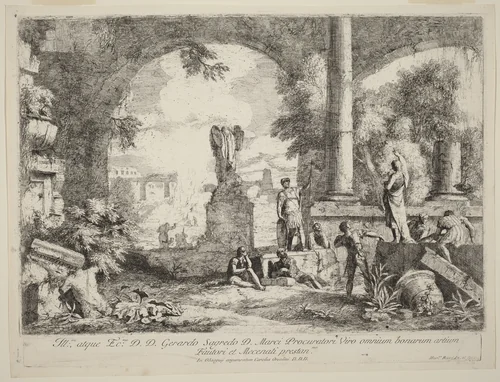 Landscape with Classical Ruins by Marco Ricci, print, 1720-1730