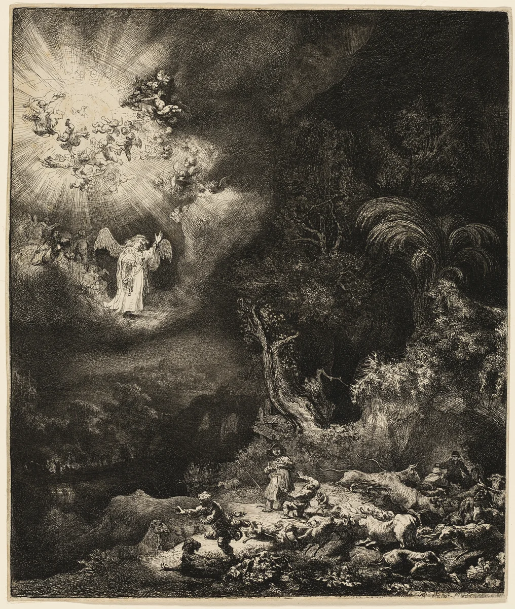The Angel Appearing to the Shepherds by Rembrandt van Rijn, print, 1634