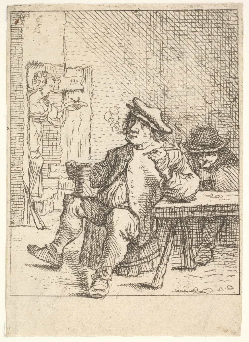 Male peasant smoking a pipe and holding a drinking cup, his left elbow resting on a table, another man seated at the table, a waitress walking through a doorway beyond by David Teniers the Younger, print, 1625-1690