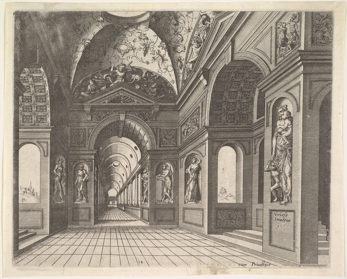 Perspective view of the interior of a hall, with cross-vault decorated with grotesques, plate 18 from "Scenographiae sive Perspectivae" by Hans Vredeman de Vries, print, 1601