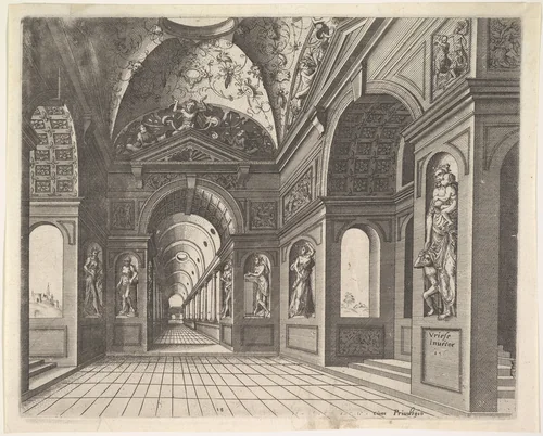 Perspective view of the interior of a hall, with cross-vault decorated with grotesques, plate 18 from "Scenographiae sive Perspectivae" by Hans Vredeman de Vries, print, 1601