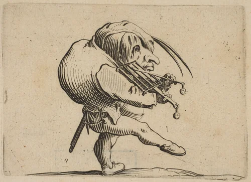 L'Homme Raclant un Gril en Guise de Violon (Man Scraping a Grill in the Guise of a Violin), from "Varie Figure Gobbi, suite appelée aussi Les Bossus, Les Pygmées, Les Nains Grotesques" (Various Hunchbacked Figures, The Hunchbacks, The Pygmes, The Grotesque Dwarfs) by Jacques Callot, print, 1616-1622