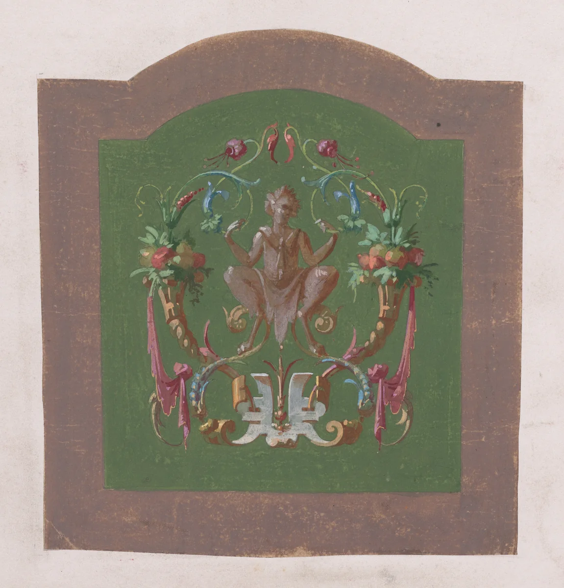 Design for a Chair Back Cover with a Squatting Half-Human Grotesque Figure Inside an Ornamental Frame Made of Two Cornucopias Holding Bundles of Leaves and Fruits and Scrolls of Leaves and Flowers by anonymous, drawing, 1870-1900