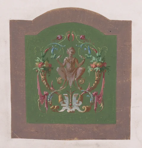 Design for a Chair Back Cover with a Squatting Half-Human Grotesque Figure Inside an Ornamental Frame Made of Two Cornucopias Holding Bundles of Leaves and Fruits and Scrolls of Leaves and Flowers by anonymous, drawing, 1870-1900