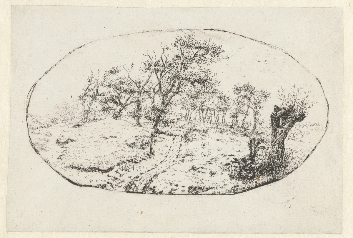 Landscape in Oval by Claes van Beresteyn, print, 1637-1684