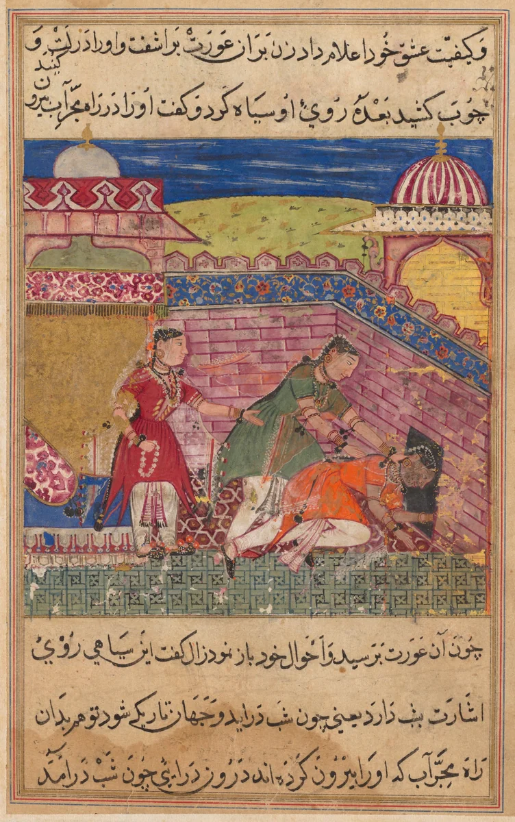 The deceitful wife ejects the procuress after blackening her face, from a Tuti-nama (Tales of a Parrot): Eighth Night by Shravana, painting, 1555-1565