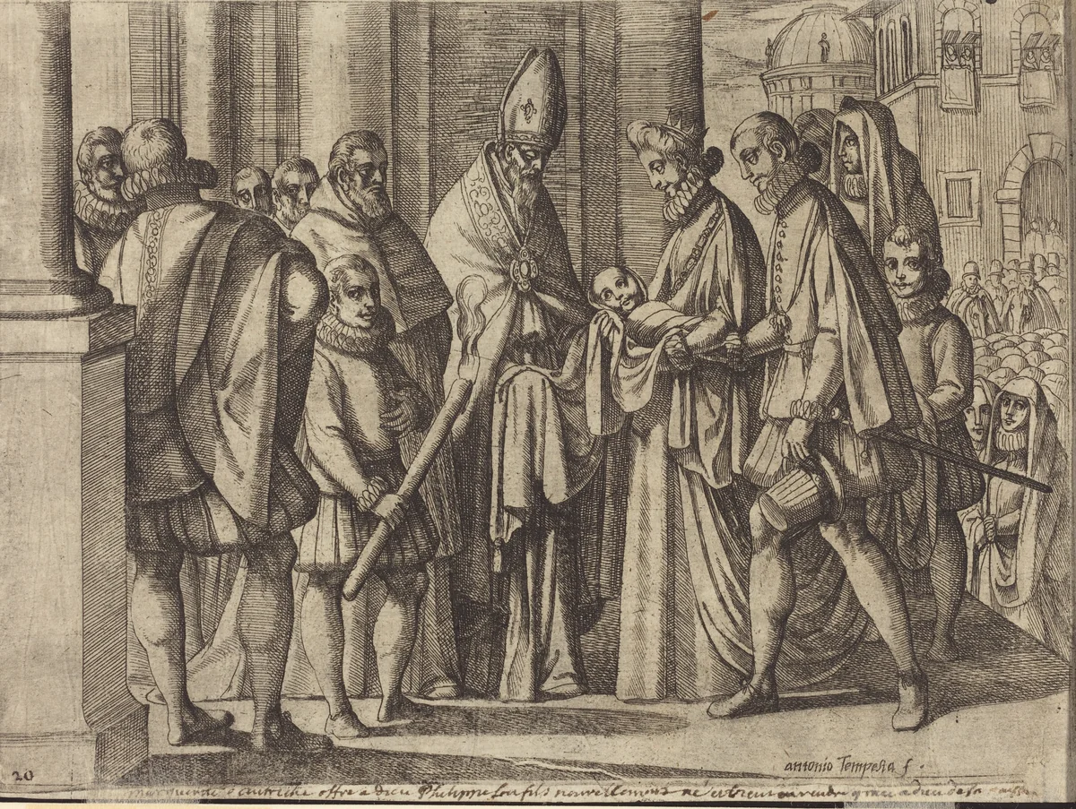 Philip as a Boy Before Margaret of Austria [verso] by Antonio Tempesta, print, 1612