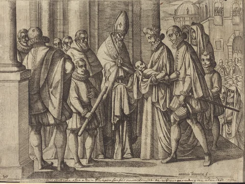 Philip as a Boy Before Margaret of Austria [verso] by Antonio Tempesta, print, 1612