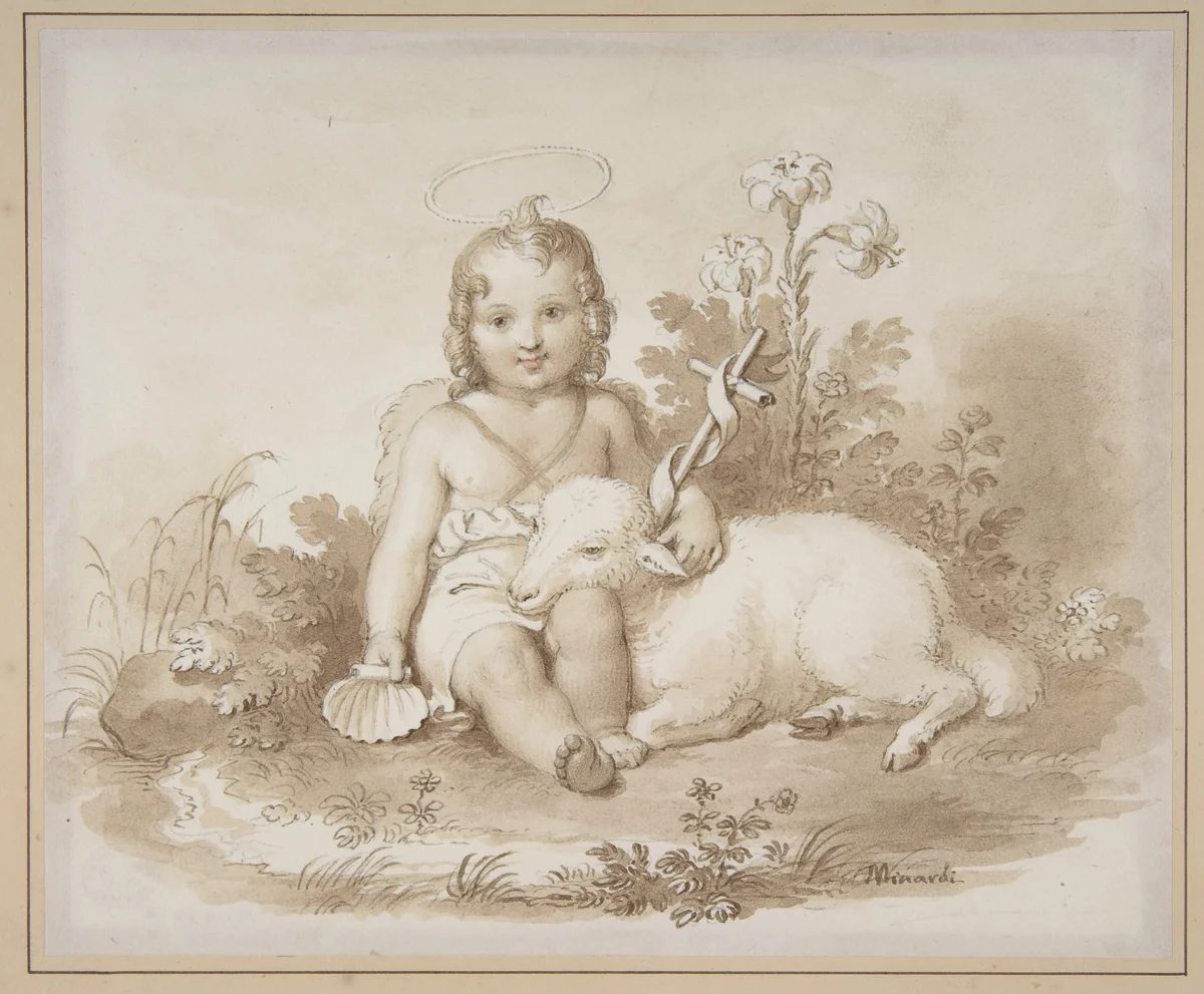 Seated John the Baptist with a Lamb in a Landscape by Tommaso Minardi, drawing, 1787-1871