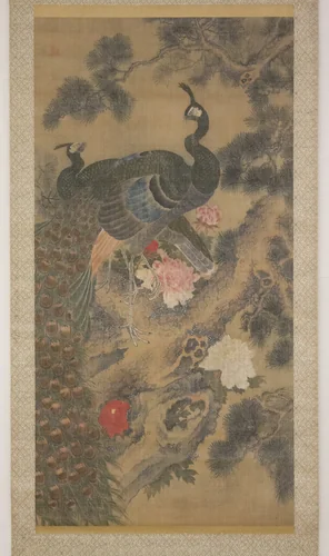 Peacocks, Pine Tree, and Peonies by Lü Ji (呂紀), painting, 1800-1899