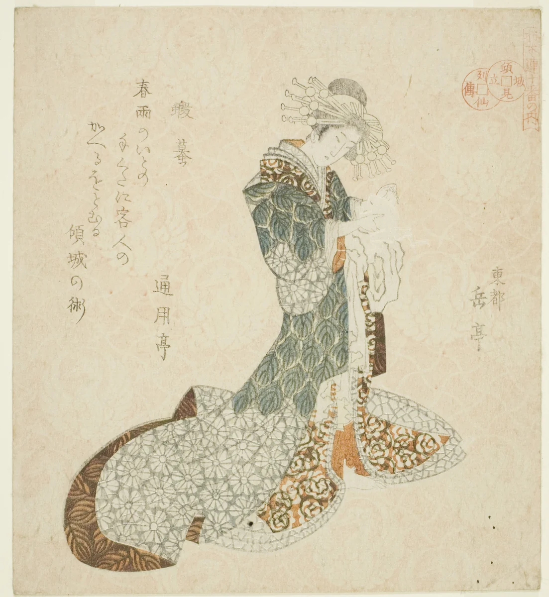 Liu Haichan (Gamma), from the series "Lives of Taoist Immortals Parodied by Courtesans - A Series of Seven (Keisei mitate ressenden, nanaban no uchi)" by Yashima Gakutei (八島岳亭), print, 1826-1827