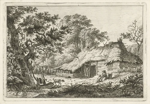 Boerderij met vrouw, kind en hond by Hermanus Fock, print, 1781-1822