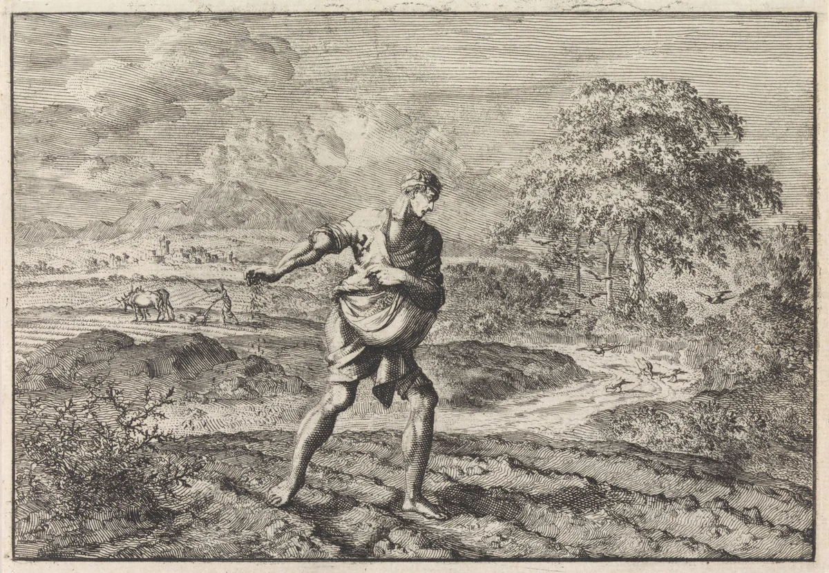 Gelijkenis van de zaaier en het koninkrijk der hemelen by Jan Luyken, print, 1703