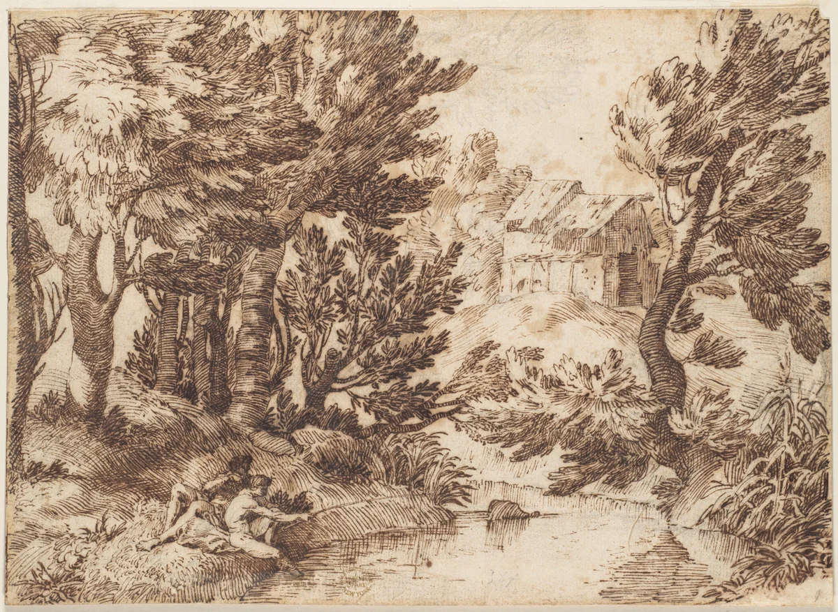 Landscape with Figure Reclining and Figure Fishing by anonymous, drawing, 1600-1700