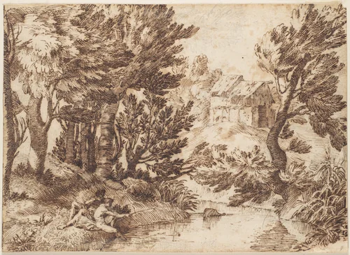 Landscape with Figure Reclining and Figure Fishing by anonymous, drawing, 1600-1700