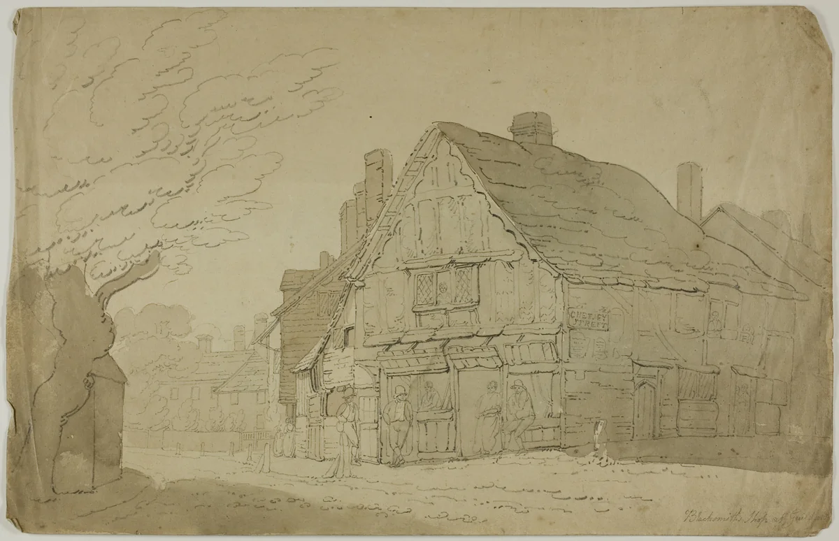 Blacksmith's Shop at Guildford (recto); Sketch of Two Tree Trunks (verso) by George Wallwyn Shepheard, drawing, 1824-1852