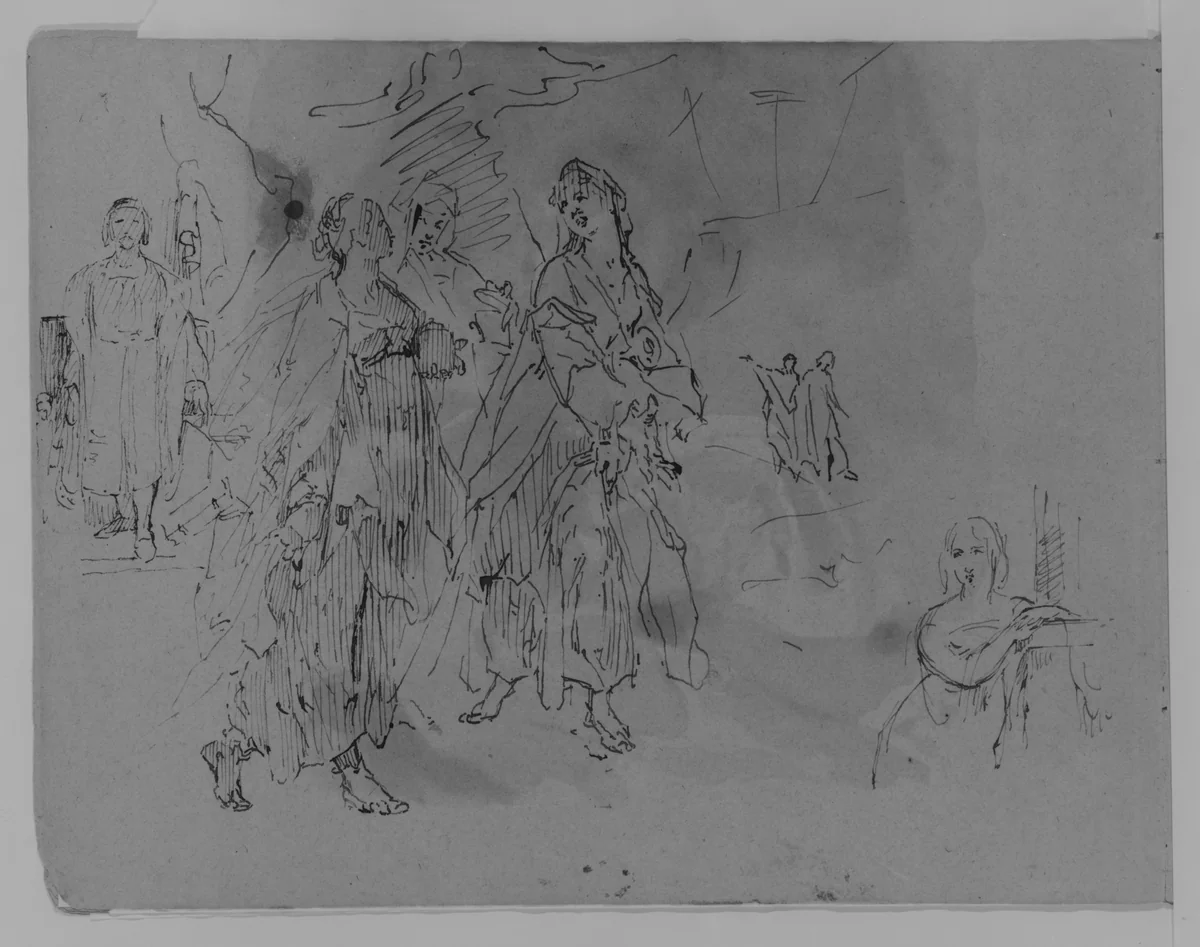 Seven Figures: Advancing Monarch, Three Promenading Women, Half-length Woman Leaning on a Mantelpiece (from Sketchbook) by Thomas Sully, artwork, 1810-1820
