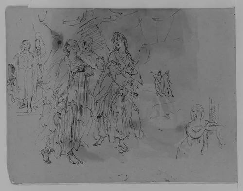 Seven Figures: Advancing Monarch, Three Promenading Women, Half-length Woman Leaning on a Mantelpiece (from Sketchbook) by Thomas Sully, artwork, 1810-1820
