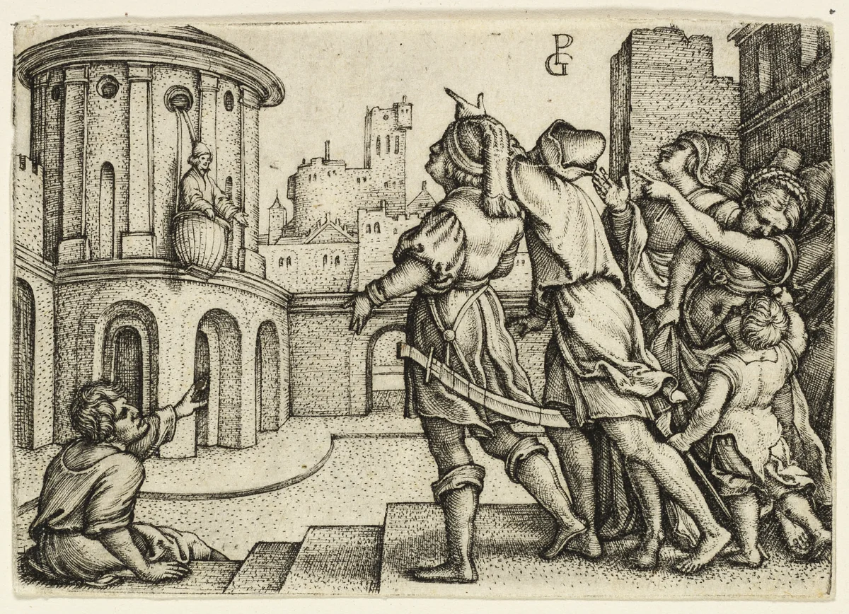 Virgil the Magician Hanging in the Basket by Georg Pencz, print, 1541-1542