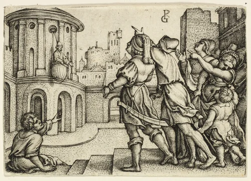 Virgil the Magician Hanging in the Basket by Georg Pencz, print, 1541-1542