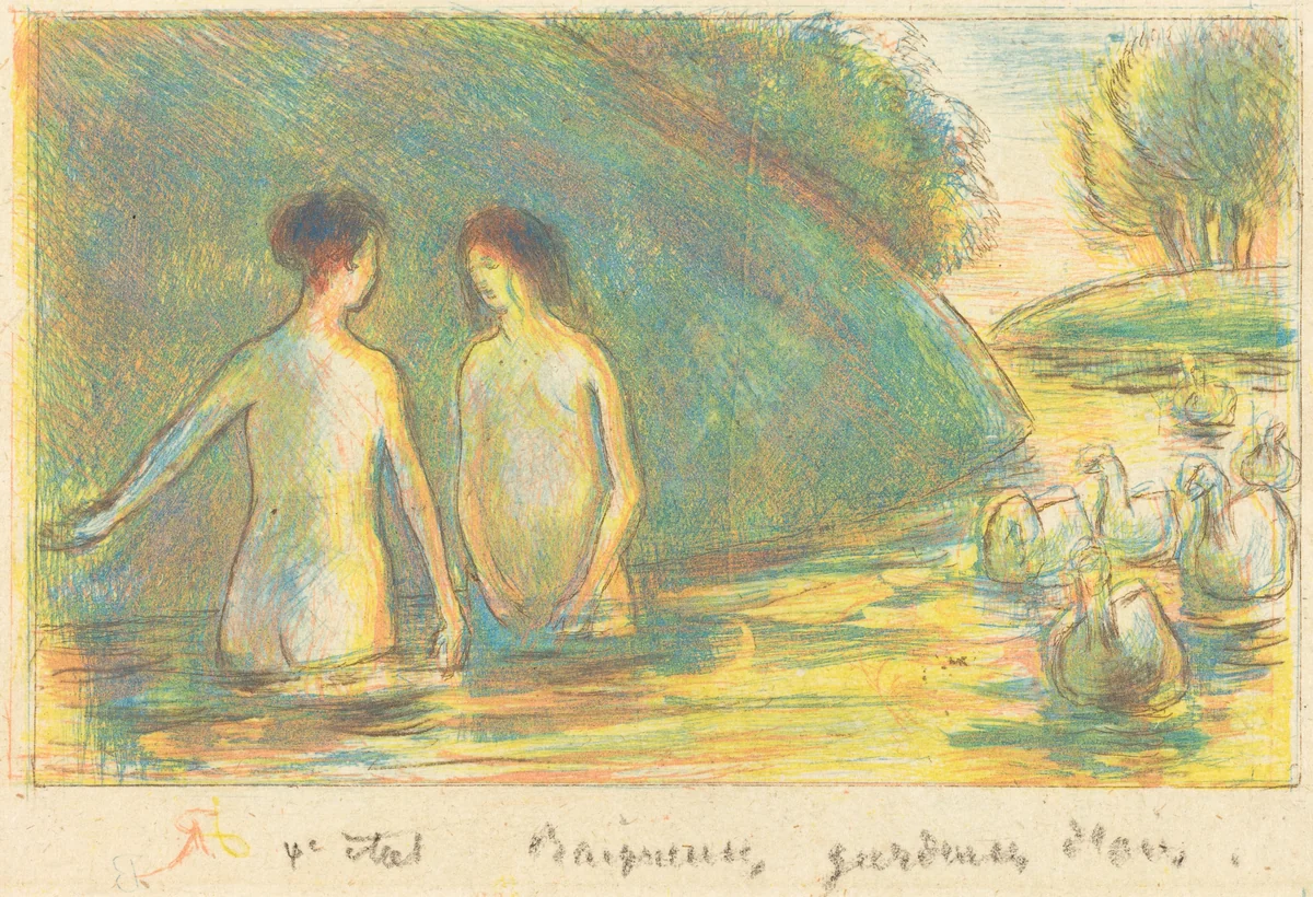 Baigneuses, gardeuses d'oies (Bathers Tending Geese) by Camille Pissarro, print, 1895