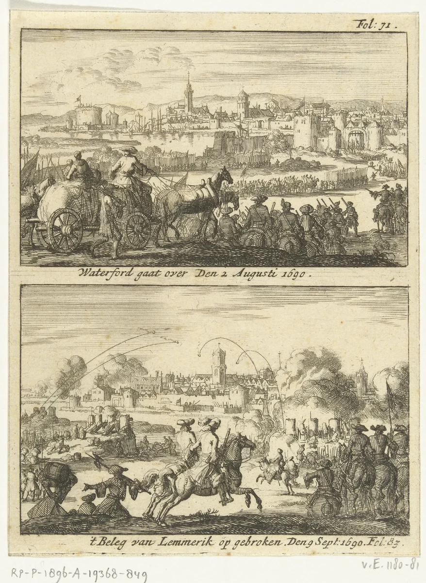 Inname van Waterford en het beleg van Limerick opgebroken, 1690 by Jan Luyken, print, 1690