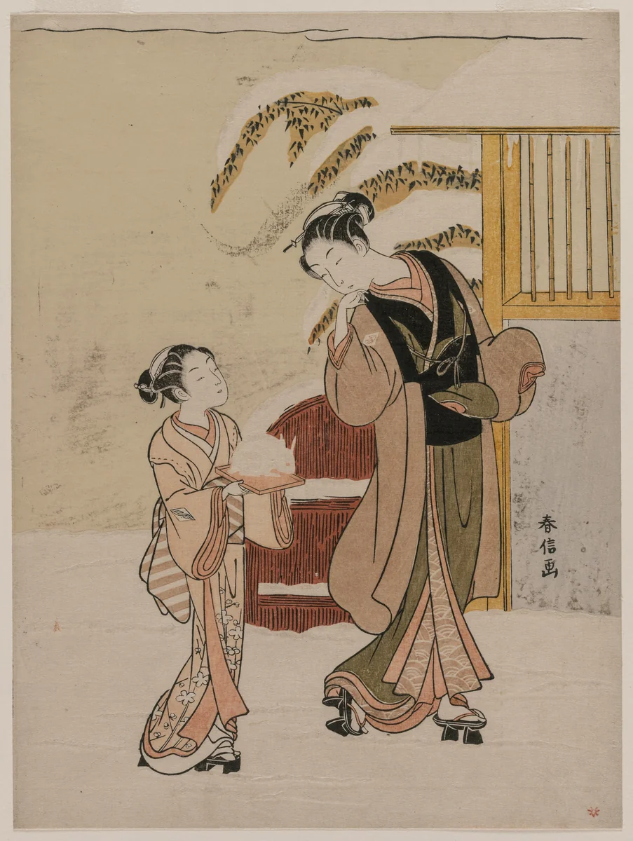 Young Woman Admiring a Snow Rabbit by Suzuki Harunobu (鈴木春信), print, 1767-1769