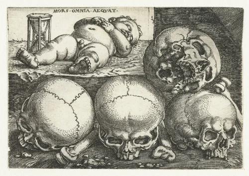 Slapend kind met zandloper en vier schedels by Barthel Beham, print, 1512-1540