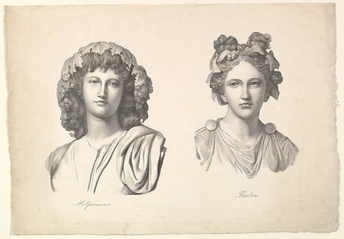 Melpomene and Thalia by Johann Gottfried Schadow, print, 1823-1826