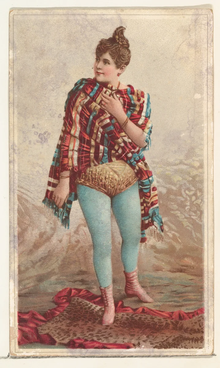 Actress wearing blanket and standing on fur rug, from Stars of the Stage, Second Series (N130) issued by Duke Sons & Co. to promote Honest Long Cut Tobacco by W. Duke, Sons & Co., print, 1891