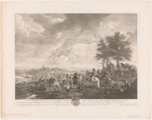 Landschap met paardenhandelaren op een markt by Jean Moyreau, print, 1739