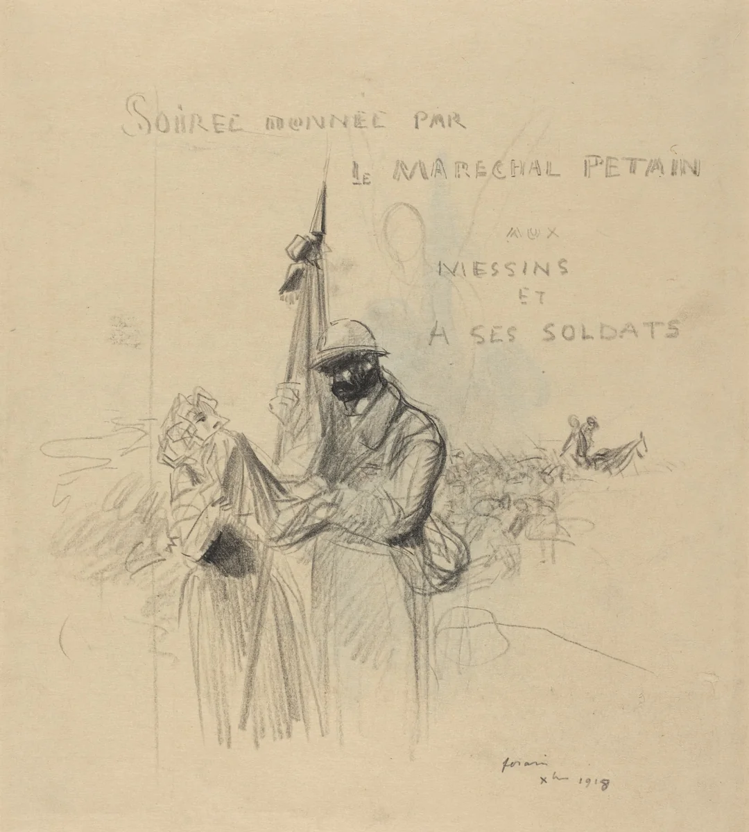 a) Le baiser du drapeau (recto); b) Study of Le baiser du drapeau (verso) by Jean-Louis Forain, drawing, 1918