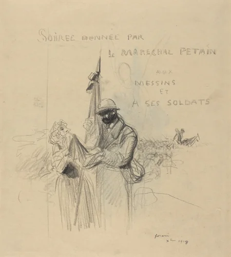 a) Le baiser du drapeau (recto); b) Study of Le baiser du drapeau (verso) by Jean-Louis Forain, drawing, 1918