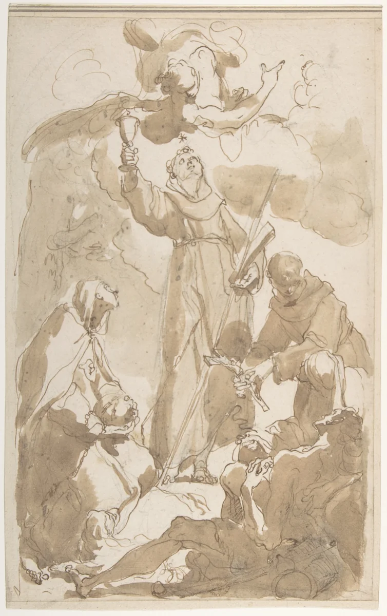 Saint Margaret of Cortona, Saint James of the March, and Saint Didacus by Gaetano Gandolfi, drawing, 1734-1802