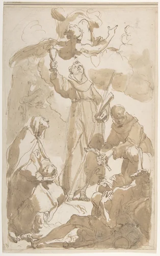Saint Margaret of Cortona, Saint James of the March, and Saint Didacus by Gaetano Gandolfi, drawing, 1734-1802