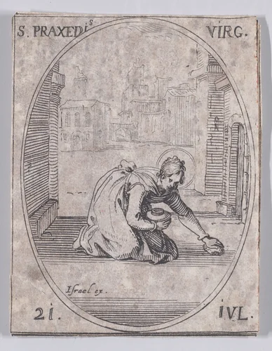 Ste. Praxède, vierge (St. Praxede, Virgin), July 21st, from "Les Images De Tous Les Saincts et Saintes de L'Année" (Images of All of the Saints and Religious Events of the Year) by Jacques Callot, print, 1636