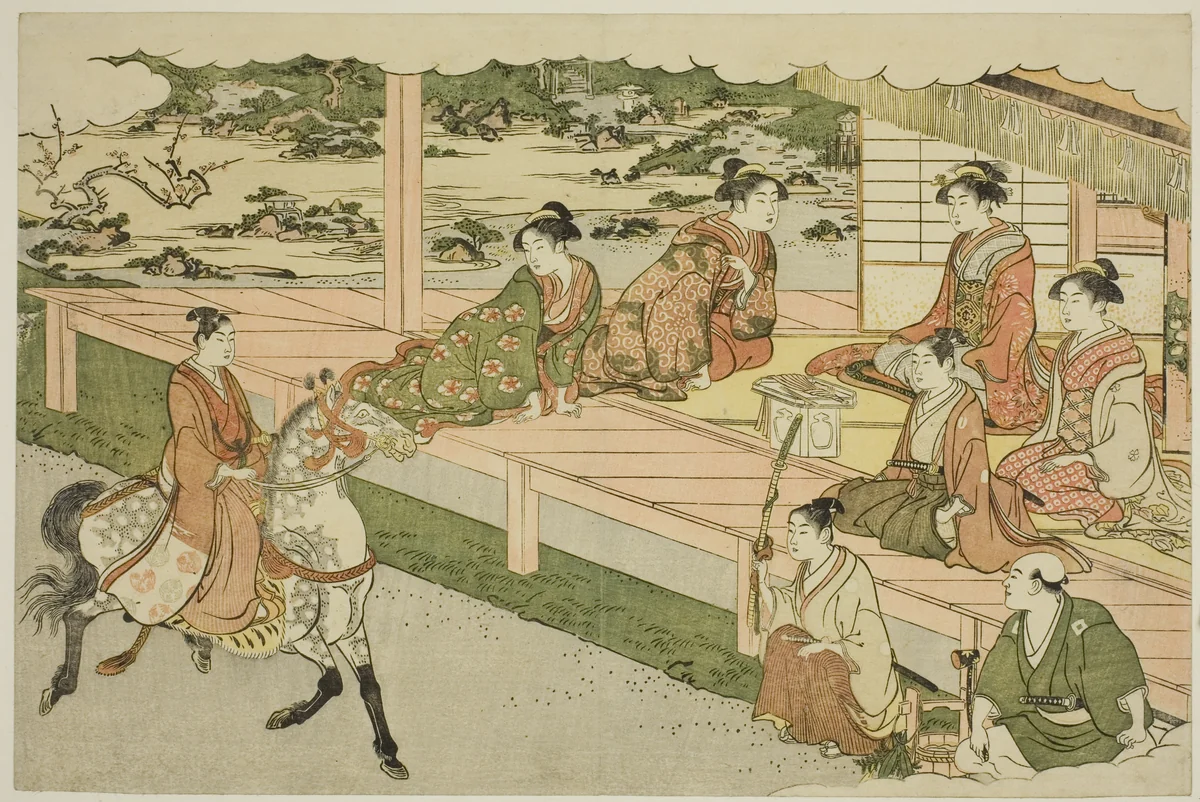 The First Horseback Ride of the New Year (Uma norizome), from the illustrated book "Colors of the Triple Dawn (Saishiki mitsu no asa)" by Torii Kiyonaga (鳥居清長), print, 1782-1792