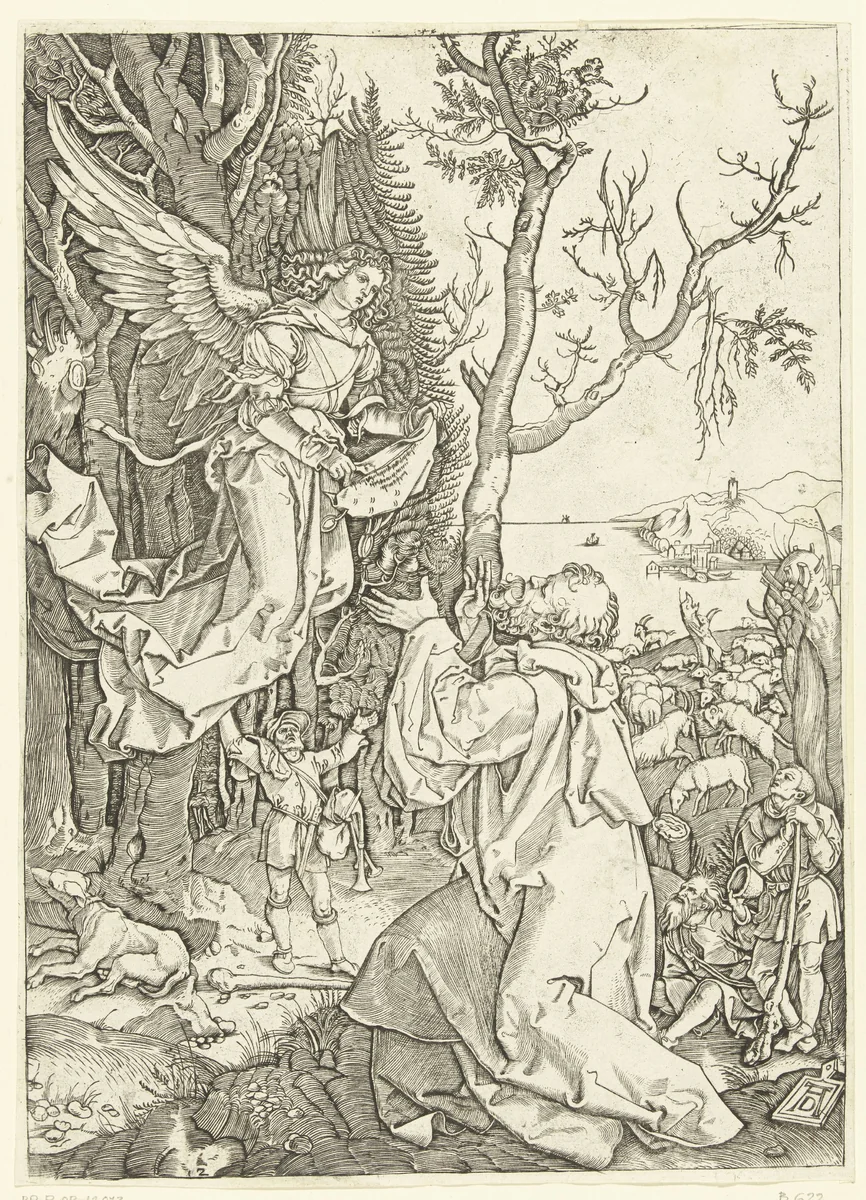 Engel verschijnt aan Joachim by Marcantonio Raimondi, print, 1510-1515