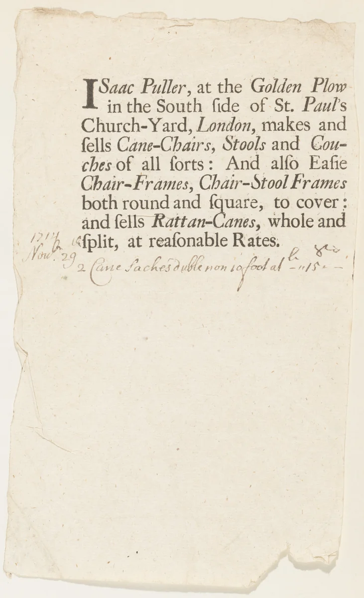 Trade Card of Isaac Puller, Cane Chairs at the Golden Plow, St. Paul's Church Yard by Isaac Puller, print, 1714
